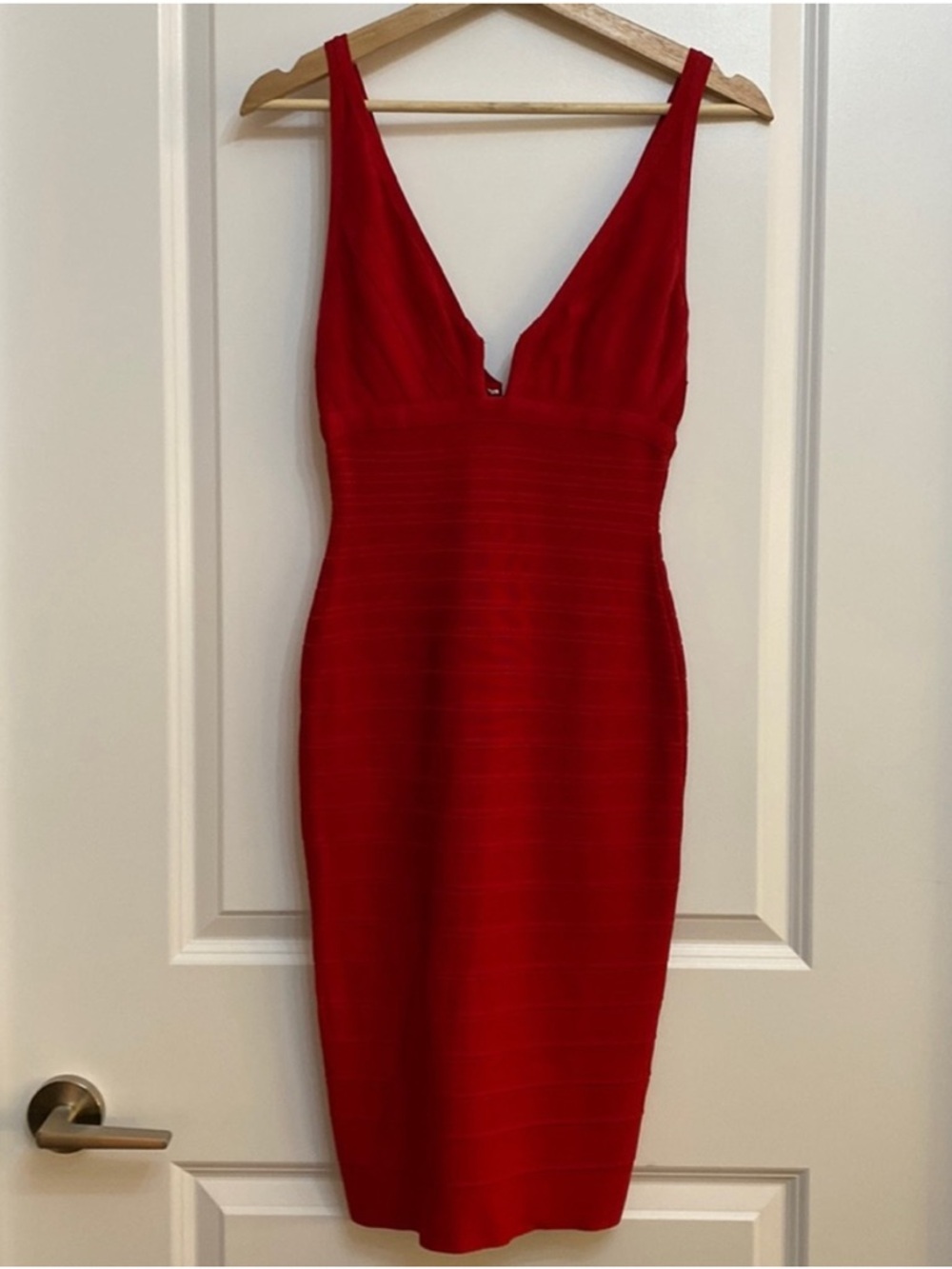 Herve Leger Red V‑Neck Midi Bandage Dress